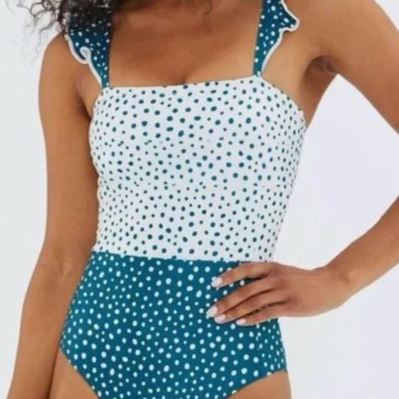 NWOT Summersalt ruffle oasis one piece swimsuit bathing suit teal and white dots - Picture 5 of 8